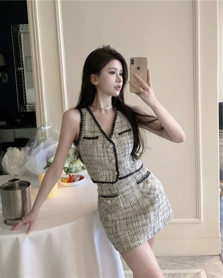 Xiaoxiangfeng suit summer women's 2023 new French V-neck short vest vest top skirt two-piece set