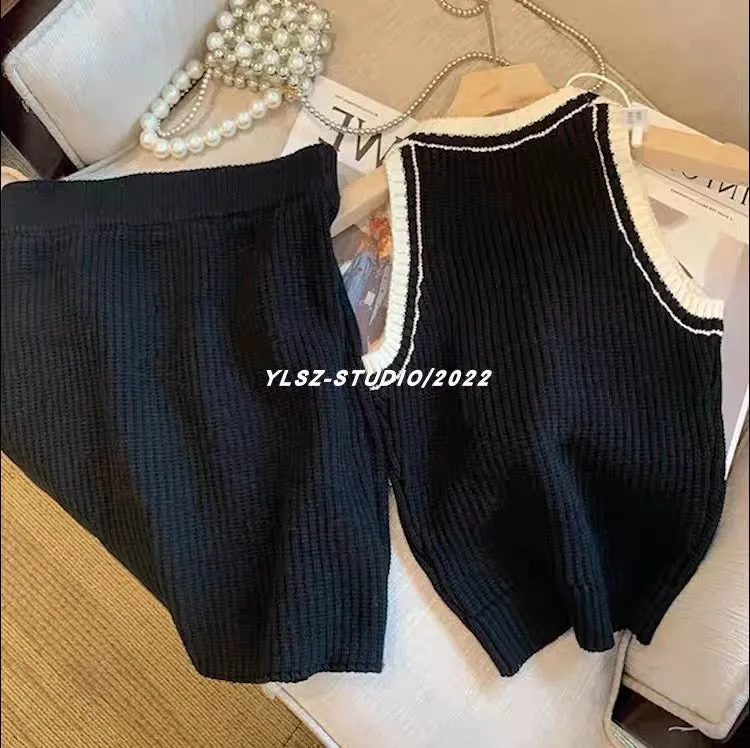 YLSZ customization~Black hot girl sexy short sleeveless knitted vest top covering hips and half body qun two-piece summer set (S