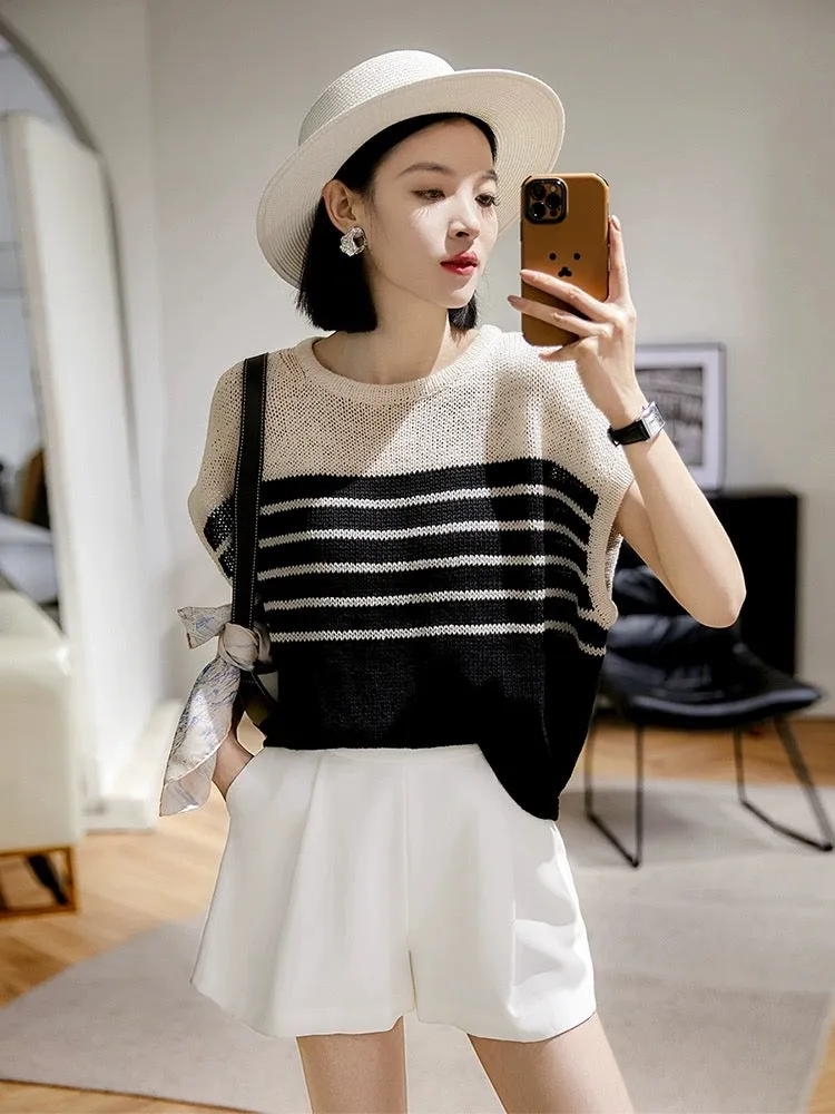 [ZYN662900MG] Bliss striped sweater is full of texture ~ Texture color matching round neck loose vest